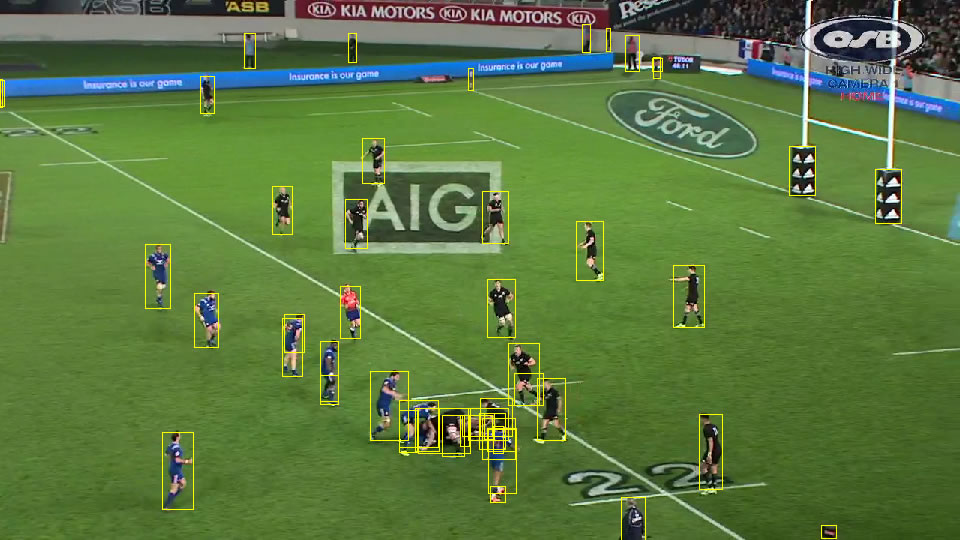 SKY ENGINE AI synthetic data generation and AI models training in sport analytics of team-based sports rugby football basketball Rugby players detected on the real rugby game  footage by the AI model trained in SKY ENGINE AI platform using the Nvidia RTX machine.