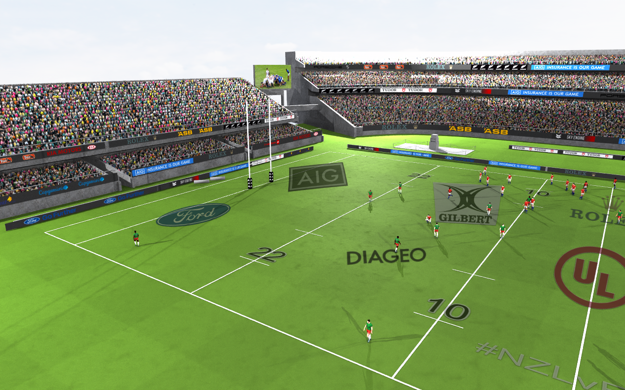 SKY ENGINE AI synthetic data generation and AI models training in sport analytics of team-based sports rugby football basketball Preview of rendered stadium populated with players where position of players are randomised from the Gaussian distribution.