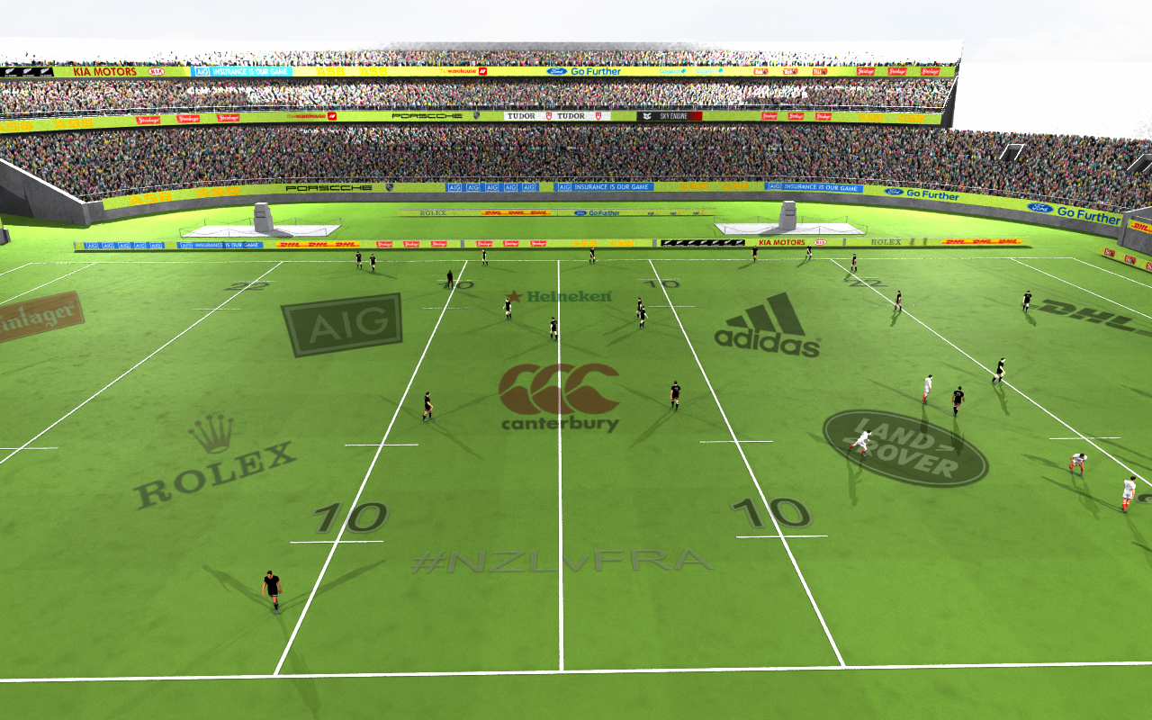 SKY ENGINE AI synthetic data generation and AI models training in sport analytics of team-based sports rugby football basketball Preview of rendered stadium populated with players.